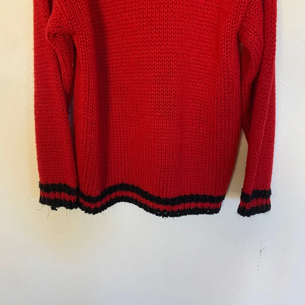 Vintage 1980s Teddy Bear Knit Sweater Hand Knit Red Black Novelty Pullover XL 18 - Picture 11 of 16